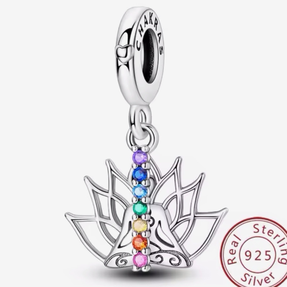 Bracelet Charm Chakra Colors and Lotus Flower Sterling Silver - Picture 2 of 10